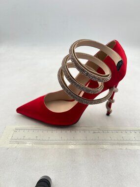 FSJ Red Pointed Satin Pumps Metallic Chains Strappy High Heels Evening Shoes